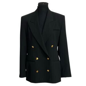 Austin Reed 100% Wool Blazer Size 6 Black Double Breasted Gold Buttons USA
